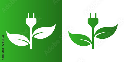 Fotografía Icono plano enchufe con hojas en verde y blanco