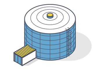 Tank for storing water, gas, oil, oxygen and other solid fuels. Part of wastewater treatment plant, WWTP. Isometric vector symbol for water management, gasometer or deal with fuel and drinking water