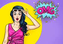 Surprised Young Sexy Woman With Open Mouth In Sunglasses In Comic Style. Amazed Lady Saying OMG. Pop Art Girl With Shocked Face.  