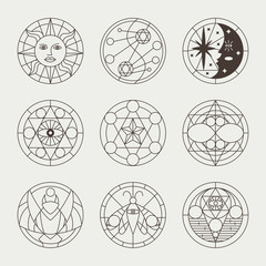 Mystical occult tattoos, witchcraft circles, sacred signs, elements and symbols. Vector geometric magic icons set isolated on white background.