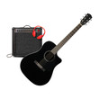 © Primastock - Music and sound - Black electro acoustic guitar, amplifier, headphone and cable front view isolated