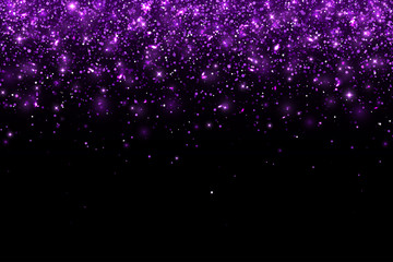 purple falling glitter particles on black background, horizontal. vector