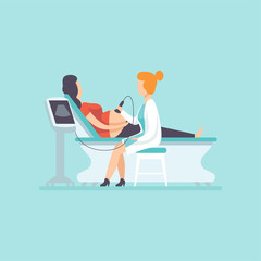 Poster - Doctor doing ultrasonography to pregnant woman, gynecologist doctor examining female patient with ultrasonic equipment in clinic vector Illustration