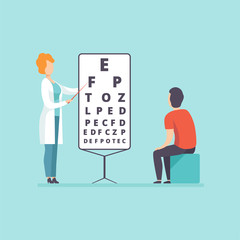 Sticker - Ophthalmologist doctor doing eyesight test to male patient, medical treatment and healthcare concept vector Illustration