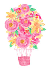  Watercolor floral balloon with pink, yellow flowers isolated on white background