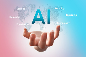 Artificial intelligence concept (AI), hand holding AI text logo, surrounded with conceptual messages on pink and blue background