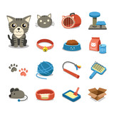 Fototapeta Koty - Cartoon character cat and accessories set for design.