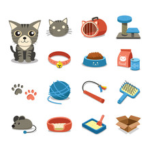 Cartoon Character Cat And Accessories Set For Design.