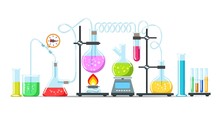 Chemistry Lab Equipment. Flasks, Beakers And Burner Science Instruments On White, Vector Chemical Or Biological Research Processing