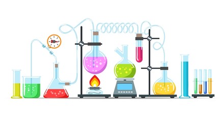 chemistry lab equipment. flasks, beakers and burner science instruments on white, vector chemical or