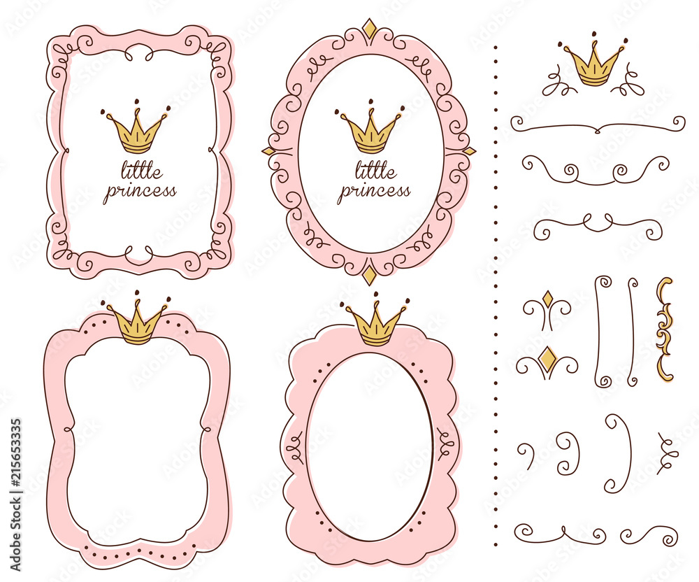Set of cute doodle mirrors. Princess vector element of design. Pink frames  with crown, tiara. Sketch hand drawn. Child's picture. Invitation birthday  template. Baby shower girl card. Decorative border Stock Vector |, image size:1000x832