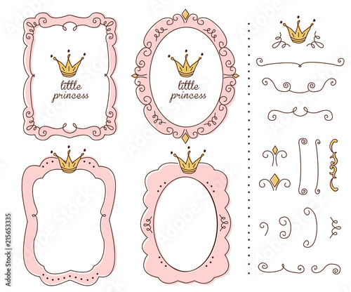 Set Of Cute Doodle Mirrors Princess Vector Element Design Pink Princess Vector Element Of Design Pink Frames With Crown Tiara Sketch Hand Drawn Child S Picture Invitation Birthday Template Baby Shower Card