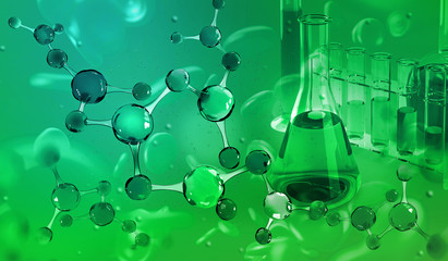 Aufkleber - Chemical laboratory. Molecular research in modern science. 3D illustration of a molecule, flasks and tubes