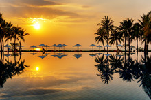 Coconut Trees And Infinity Swimming Pool At A Luxurious Tropical Beachfront Hotel Resort, Sunset