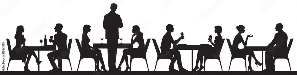 Panorama of silhouettes of people eating food and drinkers in a cafe or restaurant vector illustration - obrazy, fototapety, plakaty 