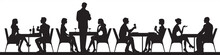 Panorama Of Silhouettes Of People Eating Food And Drinkers In A Cafe Or Restaurant Vector Illustration