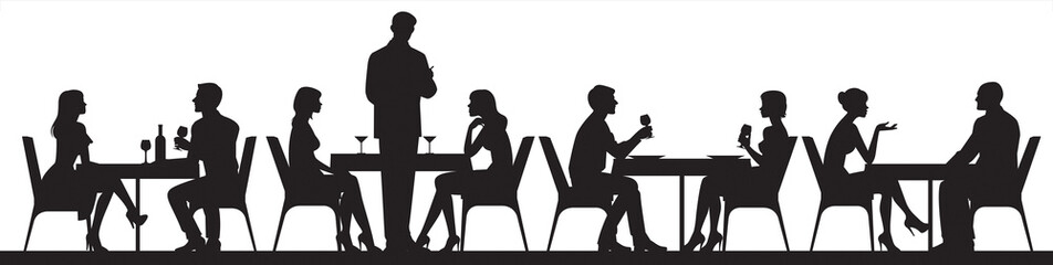 Wall Mural - Panorama of silhouettes of people eating food and drinkers in a cafe or restaurant vector illustration