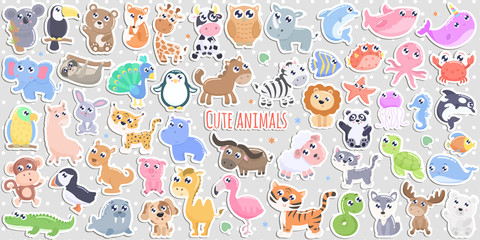 big set of cute cartoon animal stickers vector illustration. flat design.