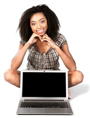 Canvas Print - Smiling Woman Sitting with Crossed Legs with Laptop - Isolated