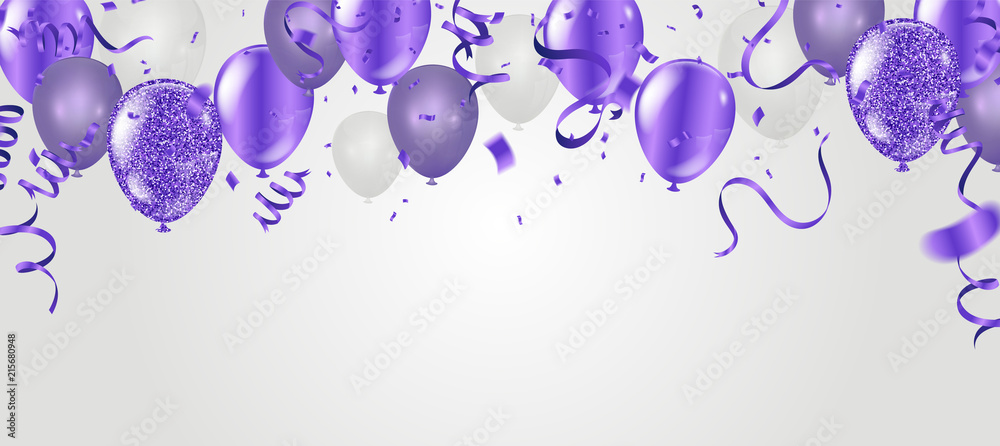 Stock vector illustration party flying purple realistic balloons purple . Defocused macro effect. Templates for placards, banners - obrazy, fototapety, plakaty 