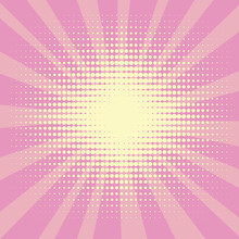 Pop Art Background, The Rays Of The Sun Of Yellow Color Turn Into Pink Or Crimson.Circles, Balls Of Different Shapes. Vector