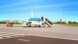 Airport terminal aircraft flying plane taking off waiting to board passengers cityscape background flat horizontal vector illustration