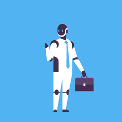 Poster - bot helper business personal assistant office worker suitcase robot character artificial intelligence concept blue background flat full length vector illustration