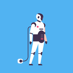 Poster - bot helper robot recharging personal assistant charging battery character artificial intelligence concept modern technology blue background flat full length vector illustration