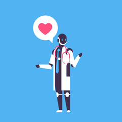 Poster - robot doctor bot helper personal assistant chat bubble medical online consultation robotic character artificial intelligence concept blue background flat full length vector illustration