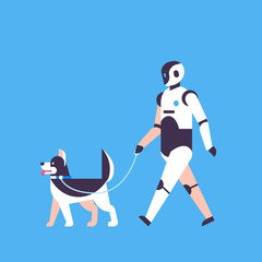 Poster - Modern robot walking dog house helper bot artificial intelligence technology concept blue background flat vector illustration