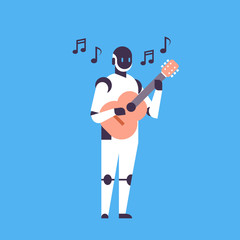 Poster - Modern robot playing guitar music helper bot artificial intelligence technology concept blue background flat vector illustration