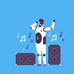 Poster - modern robot audio speakers bot character artificial intelligence dj music concept blue background flat full length vector illustration