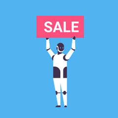 Poster - robot holding sale discount board bot helper shopping season concept artificial intelligence blue background flat full length vector illustration