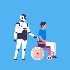 Poster - bot helper hold man wheelchare medical care personal assistant chat bubble communication robot chara