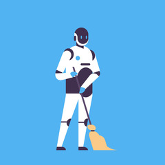 Poster - robot holding broom cleaning service concept house bot helper artificial intelligence blue background flat full length vector illustration