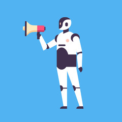 Poster - modern robot holding megaphone loudspeaker announcer concept artificial intelligence blue background flat full length vector illustration