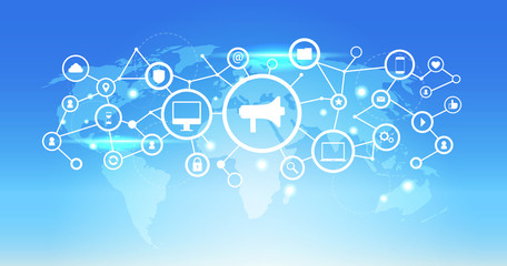 Poster - world map futuristic interface social media network icon loudspeaker connection concept blue background flat horizontal vector illustration