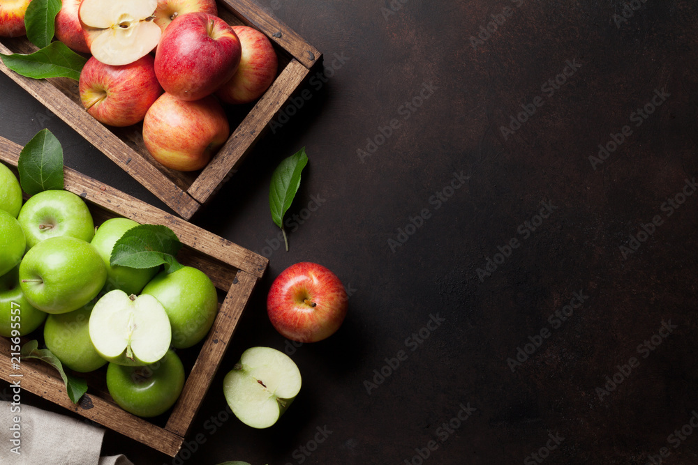 Green and red apples in wooden box Stock Photo | Adobe Stock
