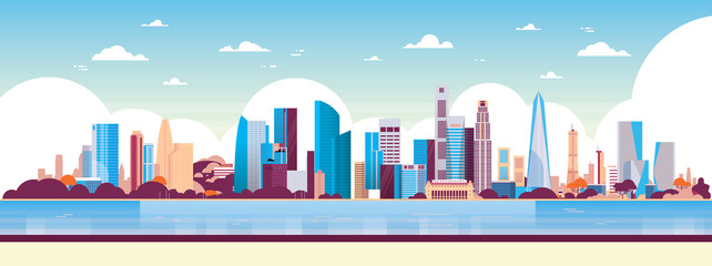 Wall Mural - modern city skyscraper panorama view cityscape background skyline flat horizontal banner vector illustration