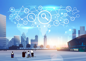 Poster - world map zoom magnifying icon search network futuristic interface seo connection concept skyline su