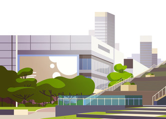 Wall Mural - modern office building stairs exterior view over skyscraper buildings cityscape background horizontal flat vector illustration