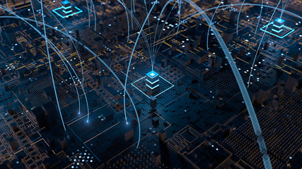 Poster - 3d render abstract tehcnology background with connection arcs ang bright tower elements. Communication concept.