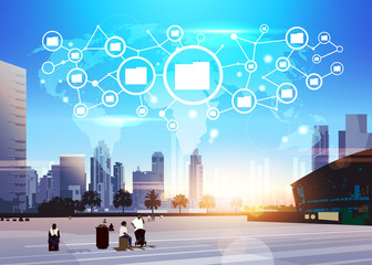 Poster - people data folder information futuristic icon network communication concept world map interface ove