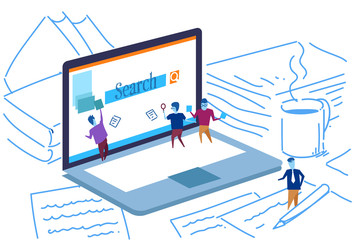 Poster - laptop screen Seo search engine optimization people working together monitoring using magnifier global internet searching concept sketch doodle horizontal vector illustration