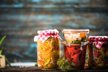 Pickled And Fermented Vegetables In Jars
