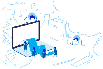 Poster - electronic bill online payment laptop screen check tape people teamwork process concept doodle sketc