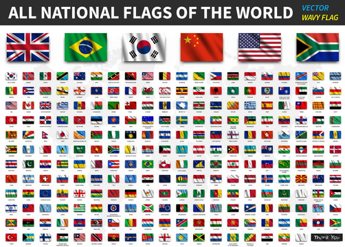 Fototapete - All national flags of the world . Realistic waving fabric texture with shadow design . Vector