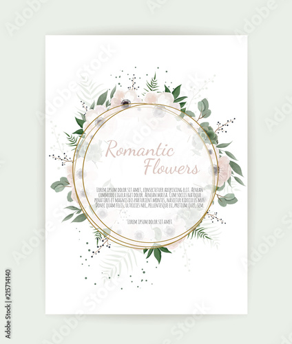 Floral wreath with green eucalyptus leaves, flower rose, anemone . Frame bord...