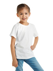 Poster - Little girl in t-shirt on white background. Mockup for design