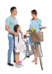 Sticker - Portrait of parents and their daughter with bicycle on white background